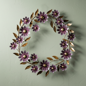 Corona Floral Rústica de Metal, Redonda, Hecha a Mano, Decorativa, con Flores, Arte de Pared sin Iluminación, Hojas Moradas y Doradas - Product Image 4