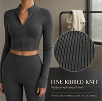 Ensemble assorti deux pièces pour femme, personnalisé en gros : Veste courte côtelée à demi-zip et pantalon évasé taille haute, pour le yoga, l'entraînement et les activités sportives