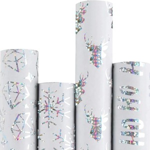 Eco-Friendly Recyclable Art <b>Paper</b> Holographic Christmas Gift <b>Wrap</b> <b>Roll</b> with Deer Snowflake Noel Design Double Sided Coated 80GSM - Product Image 1