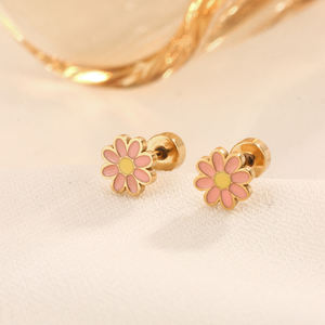 Crisantemo carino orecchini a fiori in smalto 18K oro placcato gioielli in acciaio inox per bambini e donne ragazze - Product Image 3