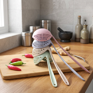 Louche à soupe en plastique avec passoire 2-en-1, cuillère égouttoir, manche long en paille de blé écologique pour la maison, la cuisine et les coffrets cadeaux - Product Image 2