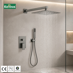 Ensemble de douche encastré gris anthracite à pression équilibrée, mitigeur en laiton à double tête, jet doux, pour salle de bain murale - Product Image 1