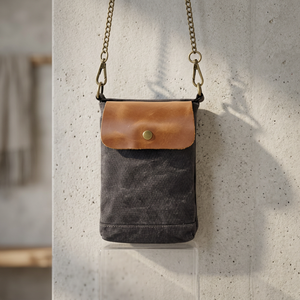 Bolso bandolera de lona y cuero al por mayor, gris oscuro y marrón, diseño con solapa, cierre a presión, compacto, correa ajustable, costuras duraderas - Product Image 5