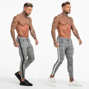 Mannen Skinny Fit Stretch Check Broek Voeg Side Taping Heren Merk Chino Mannen Broek & Broek