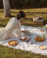 Ins T Grid Fransen-Strickdecke, verdickt, Picknickdecke, Outdoor-Camping-Strandmatte, Fotografie-Requisite, Tischdecke