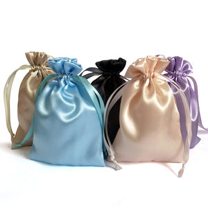 Toptan lüks saç uzatma ambalaj saten çanta ile özel logo kişiselleştirilmiş büzgülü torba - Product Image 1