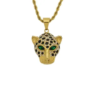 Yk pingente de cabeça de zircônia cúbica, banhado a ouro 18k, cabeça de leopardo, colar, joias de aço inoxidável, pingente de cabeça de pantera 3d