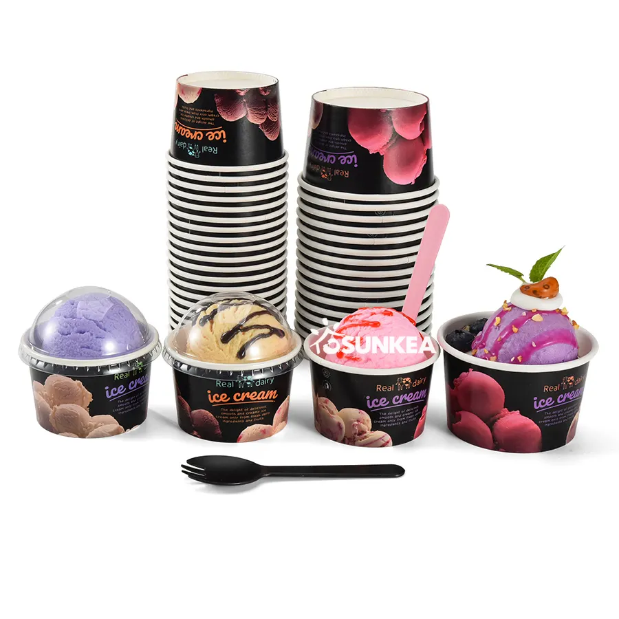 Custom wholesale printed disposable eco friendly ice cream paper cups with spoon