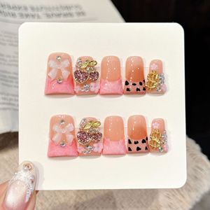 TSZS <span class=keywords><strong>Faux</strong></span> ongles courts à presser faits main, style French, avec motifs floraux 3D, zèbre, <span class=keywords><strong>vache</strong></span>, strass et breloques pour nail art, réutilisables, vente en gros - Product Image 2