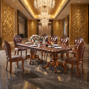 Juego de Comedor Tradicional de Madera Tallada, Mesa Rectangular para 8 Personas, Sillas de Cuero Estilo Antiguo, Muebles para Comedor - Product Image 1