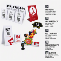 Fabricant de cartes de numéros de table en PVC personnalisées, cartes de table pliées en forme de L, panneaux de table découpés, présentoirs de comptoir POP avec votre logo