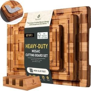 Socisen Heavy Duty <b>Mosaic</b> Cutting Board Set 3 Piece Bamboo With Non Slip Feet Kitchen Chopping Blocks - Product Image 1