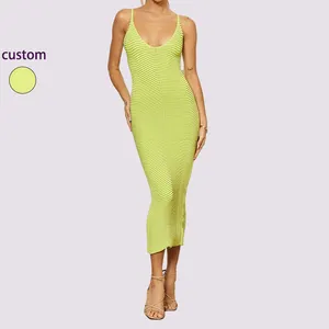 LIANMENG B0010 midi length deep sc-oop V neckline stretchy sleeveless fitted to body ribbed knit fabric custom long dress