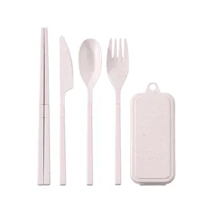 Eco-friend Travel Camping Wheat Straw Spoon Fork Chopsticks Knife Tableware Portable Flatware Foldable Cutlery Kit With Case