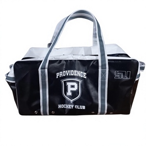 Bolsa de lona de vinilo negra con correas grises y blancas, cierre de cremallera para artículos deportivos - Product Image 3