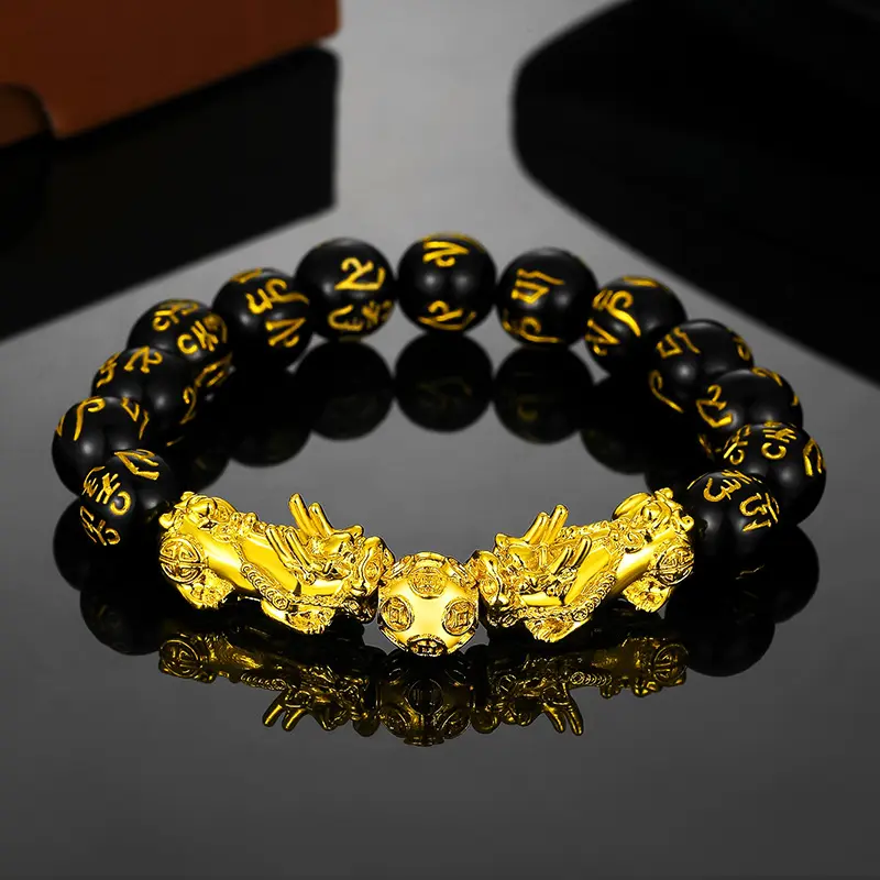 Zes Woorden Charme 12Mm Good Luck Buddha Lucky Wealth Pixiu Power Piyao Feng Shui 18K Vergulde Zwarte Obsidiaan Armband Mannen Vrouwen