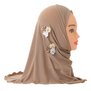 Último diseño de 2 a 6 años de edad, niña pequeña Hijabs chales flor bufandas taladro caliente árabe niños turbante musulmán niños usan Hijab sombrero - Product Image 5