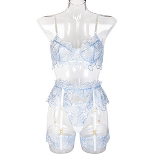 Popular Blue Flower Embroidery Sexy Lingerie Lace See-Through Hot-Selling Three-Piece <strong>Set</strong> for Women Lingerie Sexy Per Il Sesso - Product Image 6