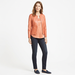 <b>Womens</b> <b>Tan</b> Leather <b>Jacket</b> Round Collar Full Zip Casual Outerwear Long Sleeve Real Leather Coat Ladies Elegant Fashion <b>Jackets</b> - Product Image 5