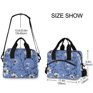 Sac à déjeuner isotherme bleu à fleurs, sac isotherme portable avec bandoulière pour le bureau, l'école et les voyages - Product Image 3