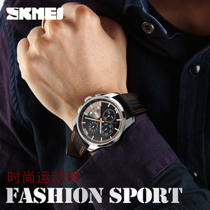 Montre chronographe ronde pour homme, bracelet en cuir de luxe, montre à quartz étanche 30M, montres en gros - Product Image 1