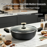 Casserole en aluminium antiadhésive en gros d'usine, faitout peu profond avec couvercle en verre et poignée amovible, batterie de cuisine à base induction