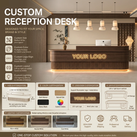 Comptoir de réception en bois sur mesure avec panneaux rainurés verticaux, éclairage LED en bas, comptoir de caisse pour salon de thé, boutique de beauté