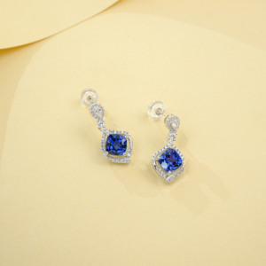 925 Sterling <b>Silver</b> Cushion Cut Lab Created Sapphire Drop <b>Earrings</b> with Halo CZ Accents - Product Image 4