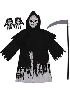 Black Hooded Jumpsuit Halloween Cosplay Costume Kids Horror Skeleton 3D Print Long Sleeve Jumpsuit Outfit Cosplay