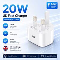 Cargador Rápido GaN de 20W con Enchufe de 3 Pines para Reino Unido, Mini Adaptador de Corriente USB-C PD, Protección de Seguridad OVP, Cargador de Pared con Certificación CE UKCA para iPhone 15/16 y iPad