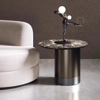 Juego de Mesas de Centro Redondas de Lujo, Mármol Oscuro Galaxy, Base Cilíndrica de Piedra Sinterizada Color Gris Metálico, Personalizable para Sala de Estar