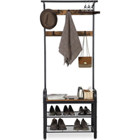 Porte-manteau vintage sur pied à cinq niveaux avec étagère de rangement, banc à chaussures et finition imitation bois, portable et démontable