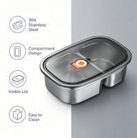 Boîte à bento portable de 1,2 L en acier inoxydable 304, compartimentée, pour conserver les aliments frais, avec couvercle visible, pour le stockage des repas au bureau