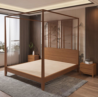 Lit double en bois massif, lit à baldaquin de style nordique chinois, lit moderne et simple avec rideau, quatre piliers