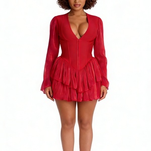 เดรสคอร์เซ็ทไซส์ใหญ่สำหรับผู้หญิง คอวี แขนยาว ผ้าบางเบา แต่งระบายชายกระโปรง ชุดเดรสออกงานแฟชั่น - Product Image 1