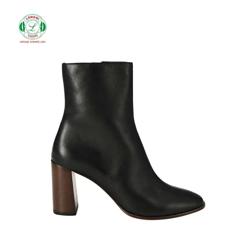Wholesale high heel black leather short boots women shoe boot