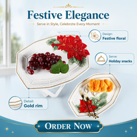 Assiette de service en céramique durable LEXI, thème Noël, fleur de Poinsettia 3D, bord doré, compatible four, couleur/logo personnalisable, moderne