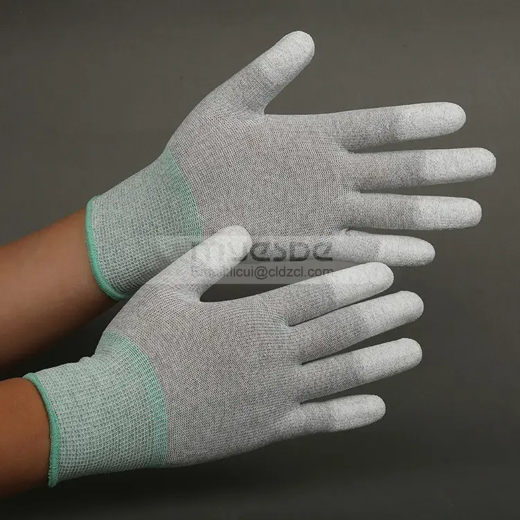 ESD pu Palma ajuste guantes dedo recubierto guantes de trabajo Esd fibra de carbono ESD pu Top Fit guante para línea de productos electrónicos