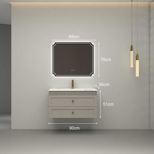 Modern <b>floating</b> bathroom vanity with vessel sink and round mirror wall mounted two drawers - Product Image 1