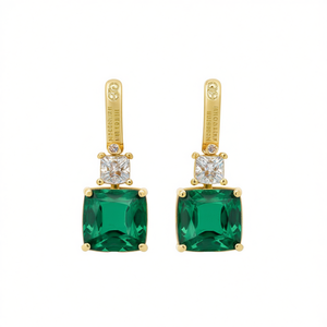 Pendientes E2027 Green Drop, Chapados en Oro de 18K, con Esmeralda y Diamante Corte Princesa, Joyería Clásica para Mujer, Ideal para Fiestas - Product Image 1