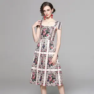 European And American Fashion Waistband Sleeveless Vest Positioning Print Dress Court Style Vintage Print Dating Halter Dress