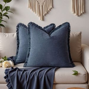 Funda de Almohada Decorativa con Flecos 100% Algodón Puro Lavado |   Funda de Cojín para Sofá de 4 Piezas, Color Sólido Neutro, Estilo Wabi Sabi, con Bordes Deshilachados - Product Image 3