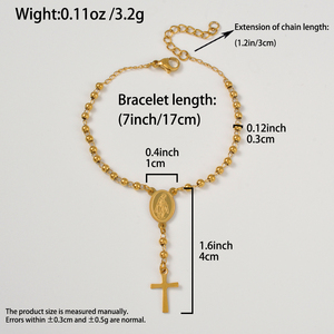 Conjunto de Joyería para Mujer, Chapado en Oro de 18K, Medalla Milagrosa Geométrica, Cadena de Mano Ajustable con Cuentas Ovaladas y Cruz, Acero Inoxidable 316L - Product Image 6