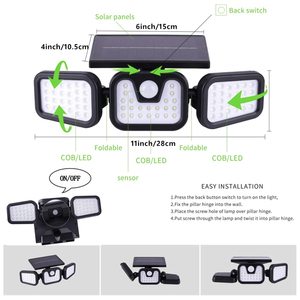 <span class=keywords><strong>Lampe</strong></span> solaire <span class=keywords><strong>de</strong></span> sécurité extérieure IP65 étanche, 74 LED, 270 degrés, 3 têtes rotatives, <span class=keywords><strong>détecteur</strong></span> <span class=keywords><strong>de</strong></span> <span class=keywords><strong>mouvement</strong></span>, applique murale - Product Image 2