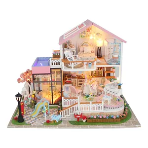 Ucuz Diy ahşap Dollhouse minyatür sevimli ev dekor ahşap iki katlı ev Loft