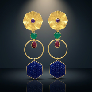 Jaipur Gems Jewelry Handmade Gold Plated Precious Metal Alloy Drop <b>Earrings</b> Lapis Lazuli Green <b>Onyx</b> Ruby Hydro-Ethnic Party Wear - Product Image 3