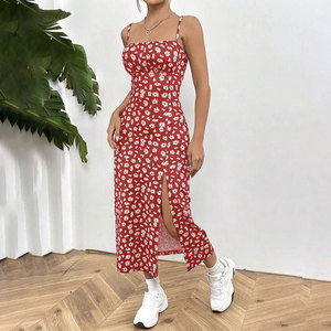 Robe pour femme à col licou, imprimé marguerites, fendue, printemps-été, décontractée, pour la plage et les vacances, coupe ajustée, silhouette fluide - Product Image 3