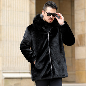 Manteau d'hiver chaud pour homme en fausse fourrure noire à capuche, fermeture éclair, en peluche, fourrure de vison, mi-long, décontracté - Product Image 2