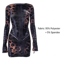 Robe Mini Moulante Décontractée Y2K Sexy pour Femme, Col Rond, Imprimé Léopard Denim, Manches Longues Effet Clouté, Style Corset, Vente en Gros ODM Personnalisée