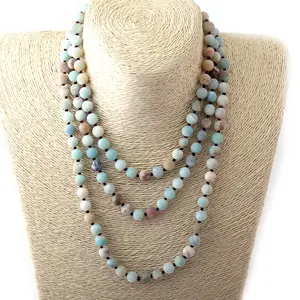 Fashion Women Gemstone Necklace 8mm Knotted long Double wrap Natural Frost Amazonite necklace